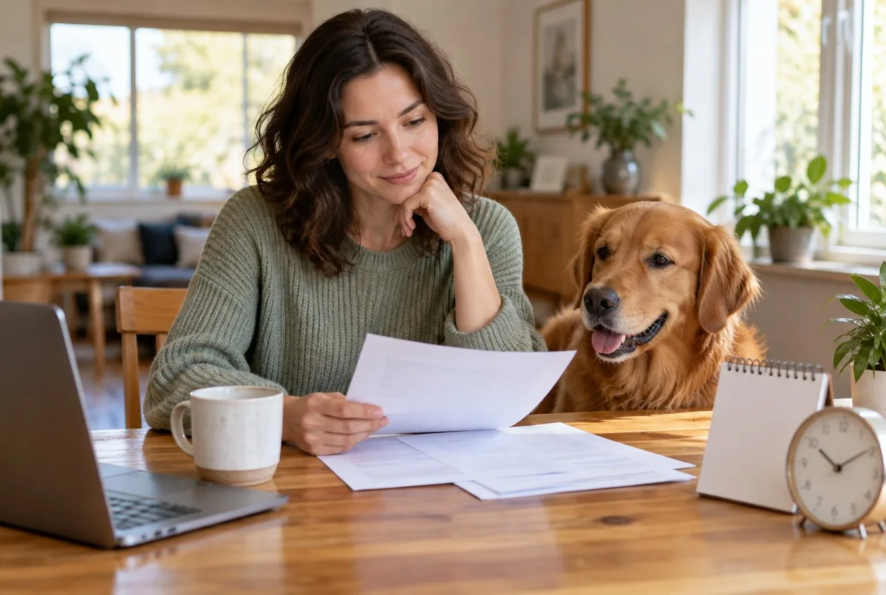 Owner reviewing papers beside a dog, clock and calendar